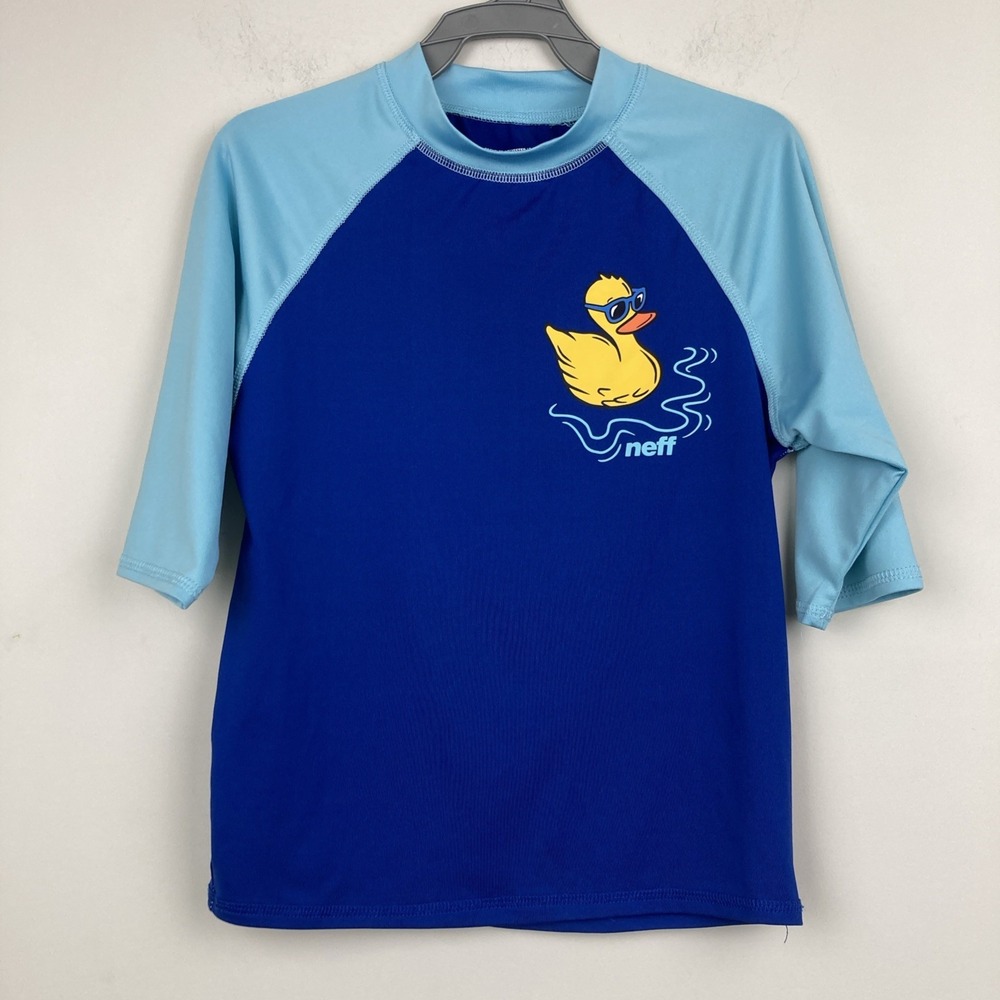 Boys Neff Swim Shirt 3/4 Sleeve Rash Guard Size Large‎ 10/12 Blue With Duck